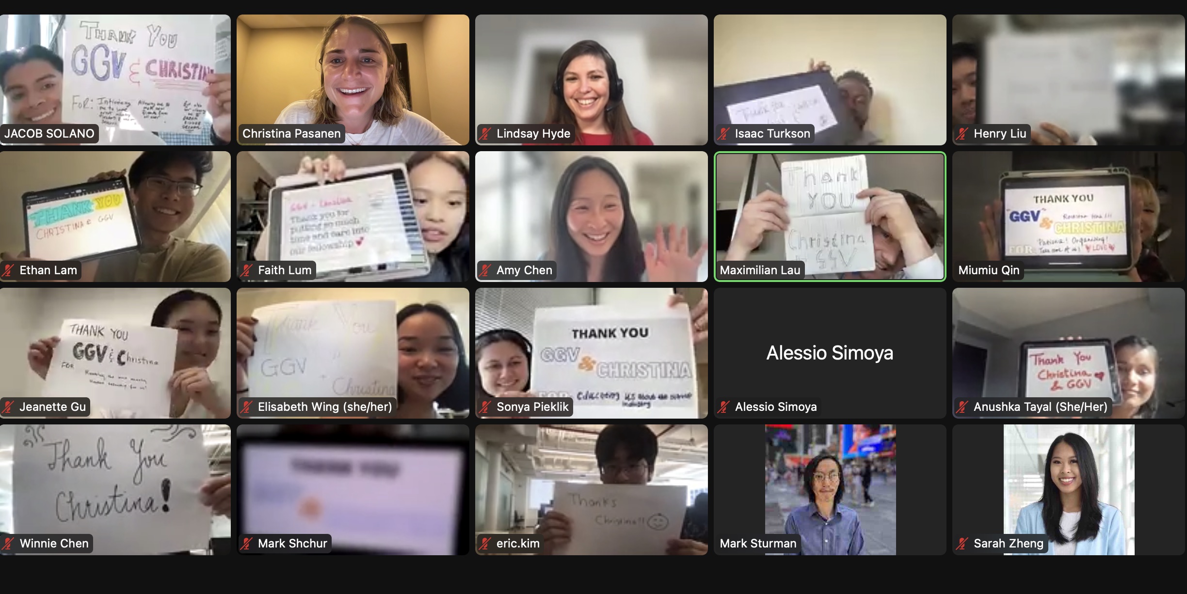 The 2022 cohort of NextGen Fellows hold up signs on Zoom to show their appreciation for GGV Capital.